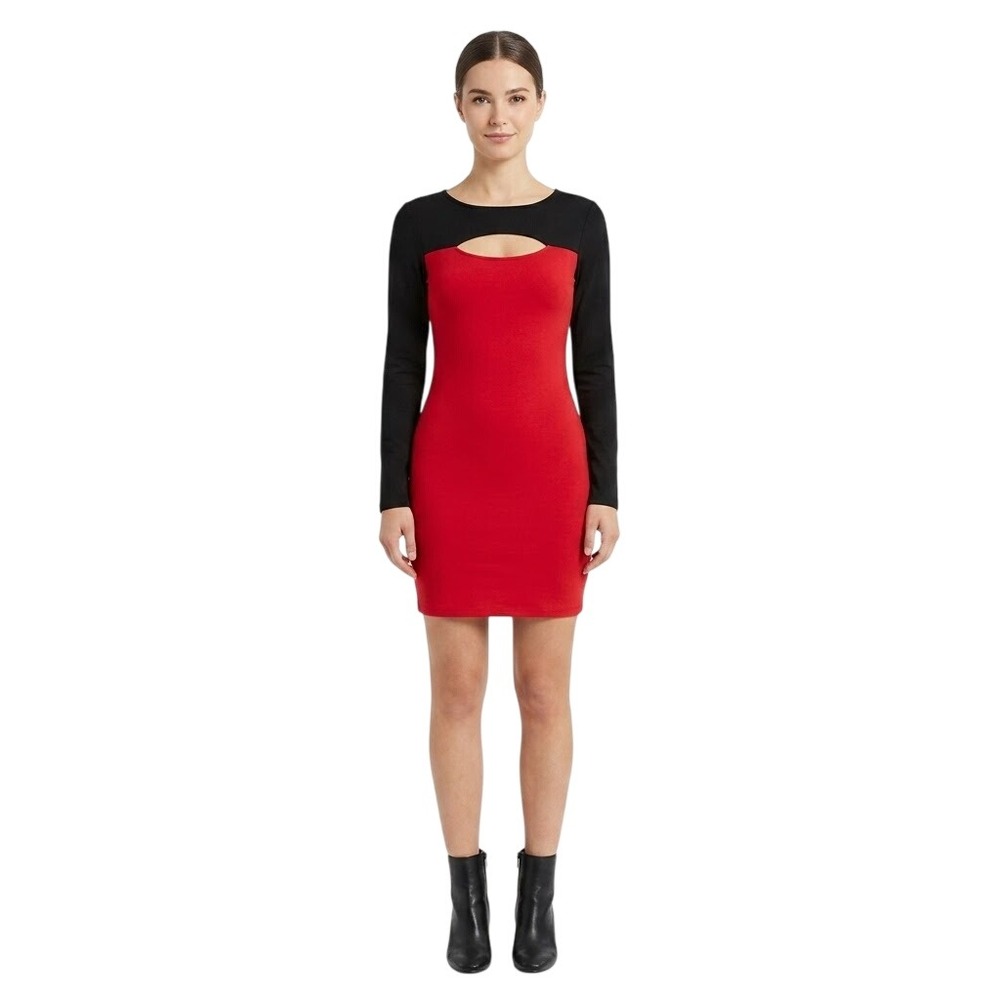 Guess Bodycon Dress Womens Large Red Black Cutout Long Sleeve Colorblock Mini